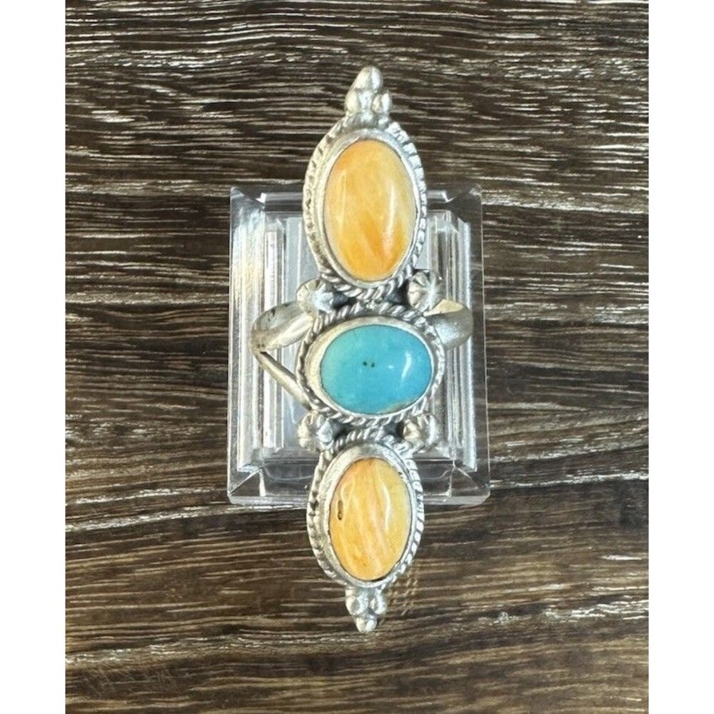 Southwest Sterling Silver Turquoise/Spiny Oyster 3 Stone Crawler Ring 9 Adj - Picture 4 of 9